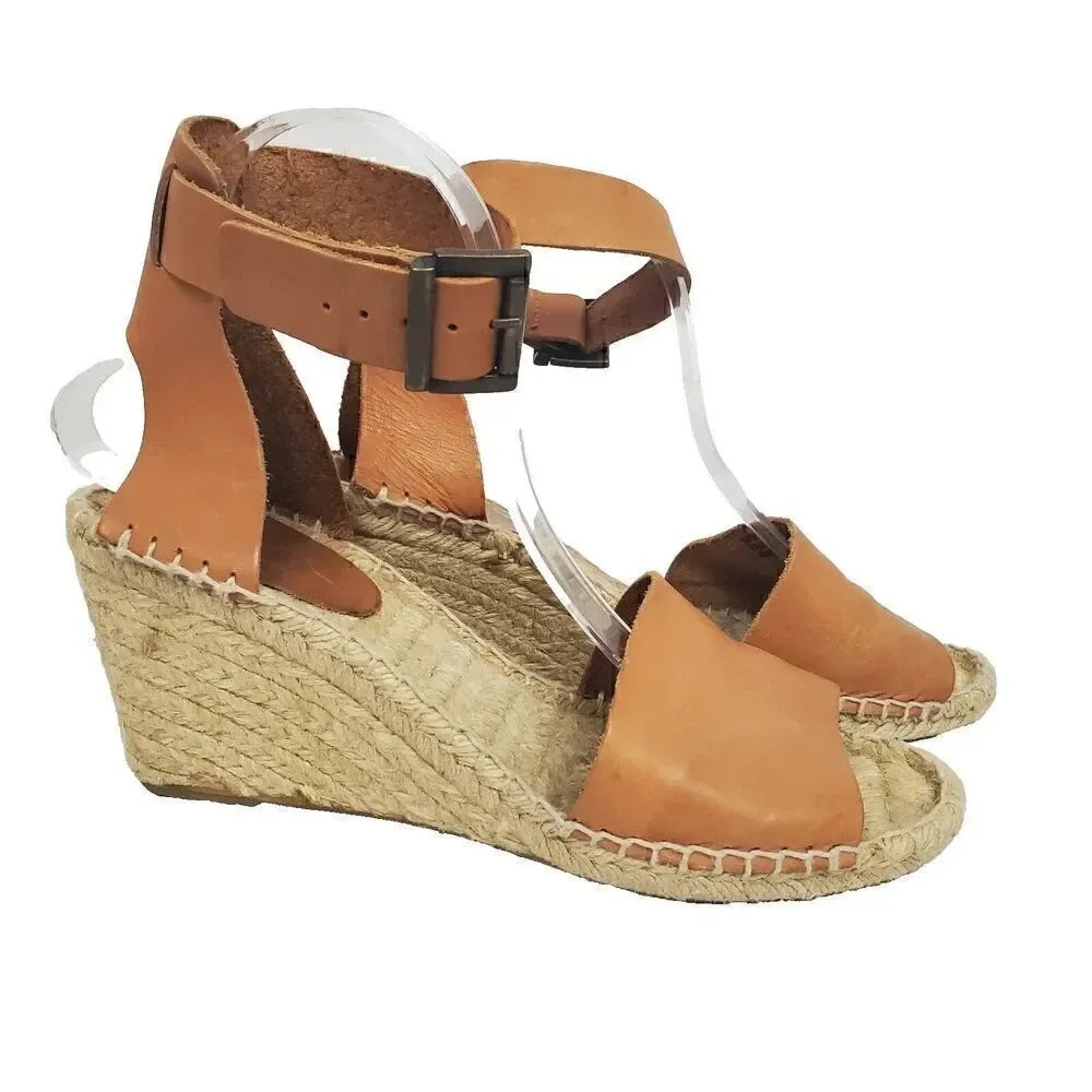 Women's PICON Tan Leather Wedge Heel Espadrille Sandals SZ 9.5 Handmade in Spain